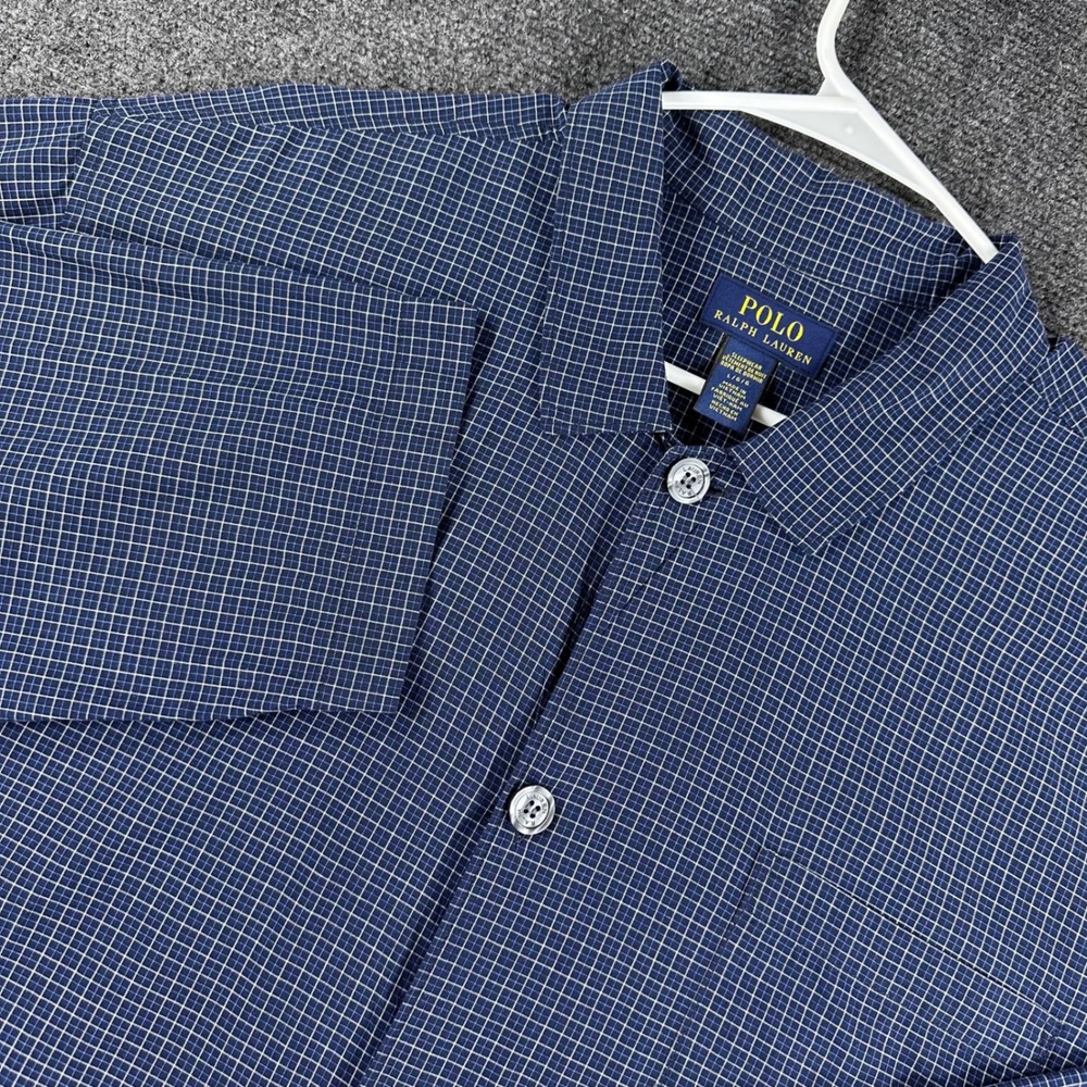 Polo Ralph Lauren Pajama Shirt Mens L Large Blue Grid Plaid Cotton Sleepwear Top